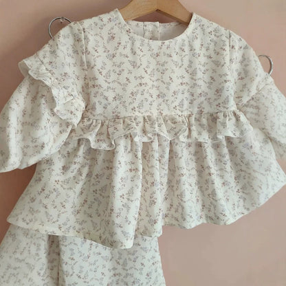 【mh0014750】2027 INS Ruso Top floral de muñeca de algodón para niñas + Pantalones anchos de encaje, Dos piezas francesas para niños
