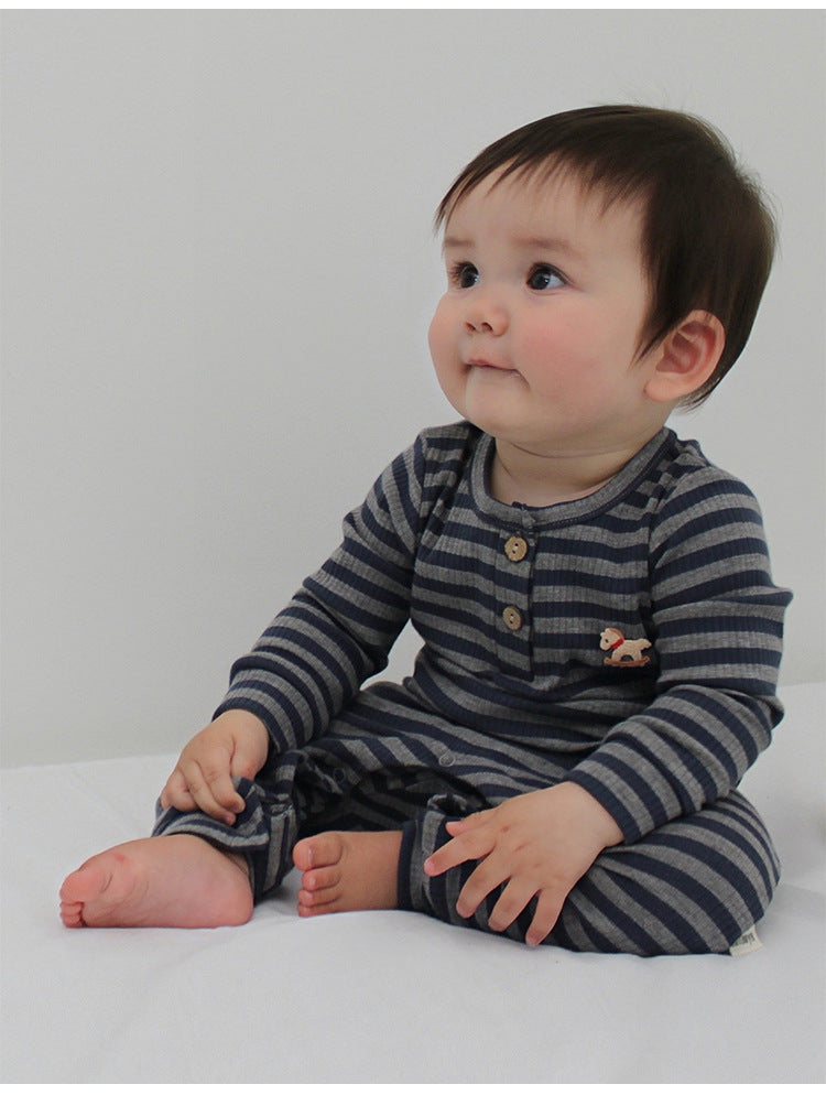 -ボーダー長袖ジャンプスーツロンパース【mh0010731】 - mamahalo shop - 長袖ロンパース -  べビー服 - 子供服 - 男の子 - 女の子