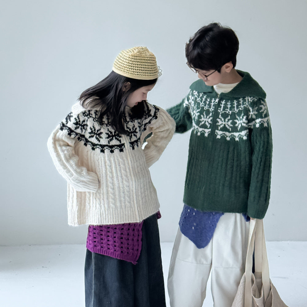 -ノルディック柄ニットジップアップカーディガン ラグランニットトップス【mh0010962】 - mamahalo shop - カーディガン・パーカー -  べビー服 - 子供服 - 男の子 - 女の子