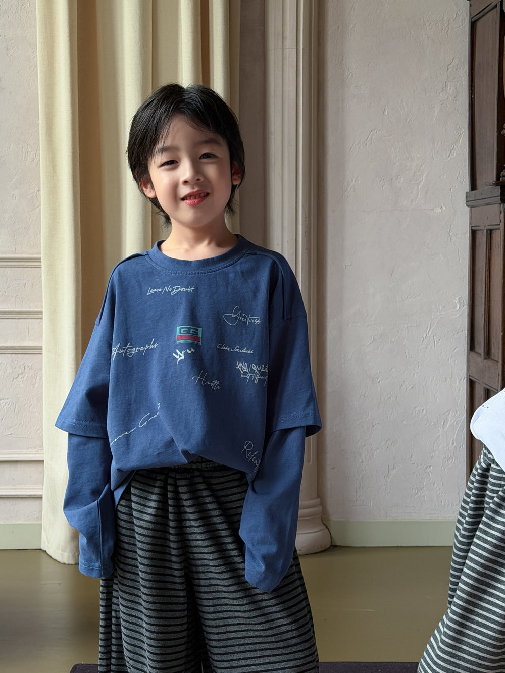 キッズ 英字 プリント レイヤード風 ドッキング ルーズ 長袖Tシャツ【mh0013911】