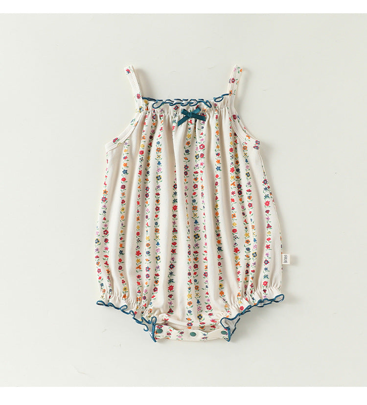 Floral Vertical Stripe Strappy Romper キャミソールロンパース【mh0013496】