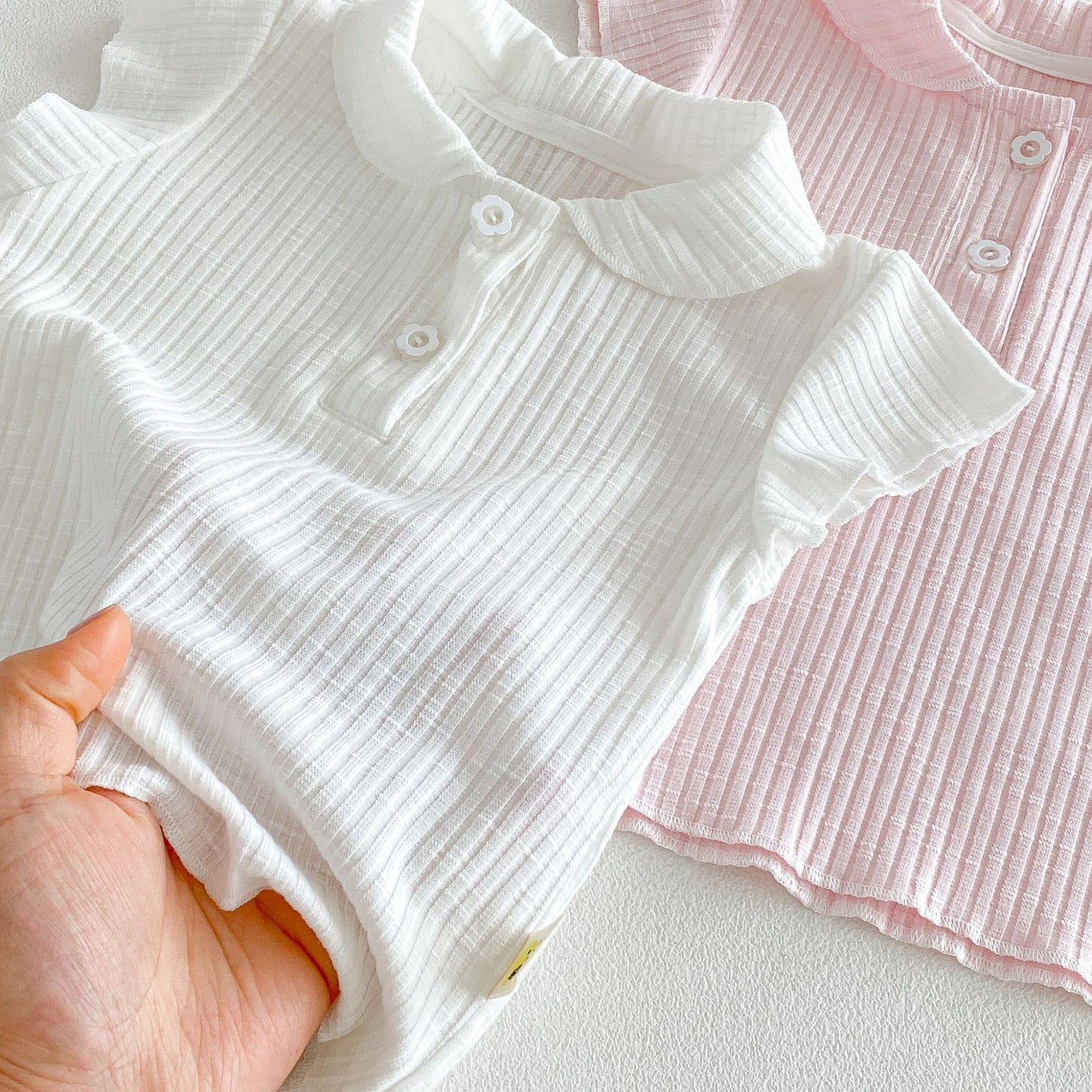 Ribbed Lapel Collar Puff Sleeve Polo Top メロウ 半袖ポロシャツ【mh0013431】