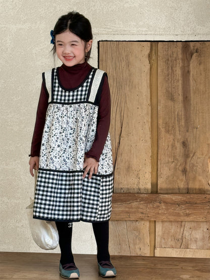 -チェック柄小花プリントノースリーブワンピース レイヤードワンピース【mh0010991】 - mamahalo shop - 長袖セットアップ -  べビー服 - 子供服 - 男の子 - 女の子