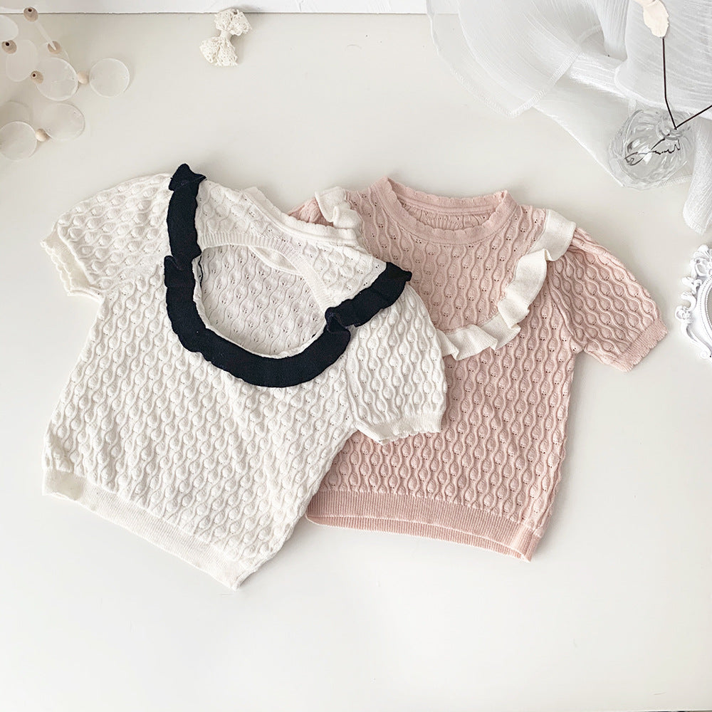 Baby Kids Openwork Knit Ruffled Summer Top Backless Short Sleeve T-Shirt [mh0002013]