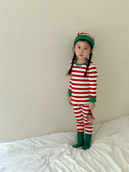 Kids' striped long-sleeve T-shirt, easy-fit long pants, and pom-pom motif cap: 3-piece set【mh0008100】