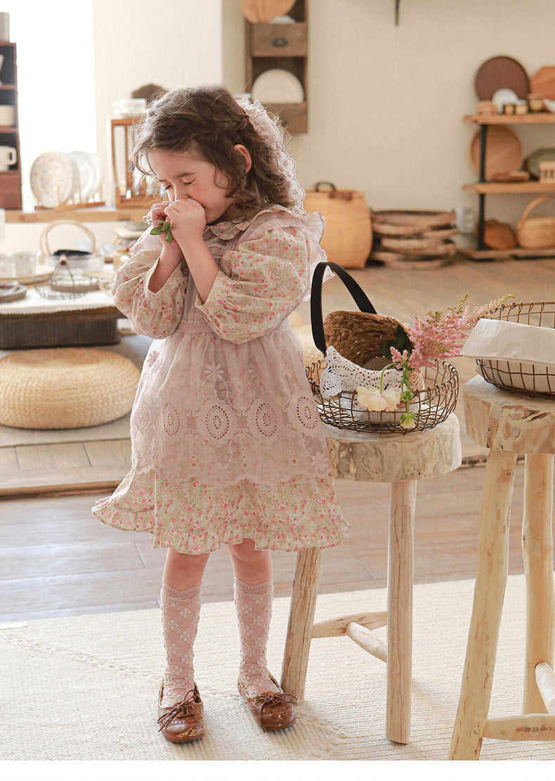 Puff Sleeve Plaid Flower Dress パフスリーブ チェック フラワー ワンピース【mh0001542】