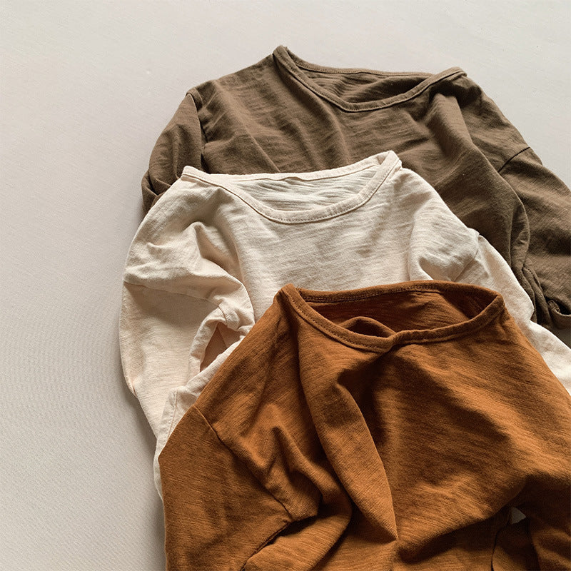 キッズ ルーズ長袖Tシャツ、ブラウン系3色の重ね見せ（ドロップショルダー風）