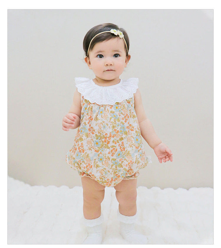 Lace Ruffle Collar Patterned Romper レース ノースリーブロンパース【mh0013607】