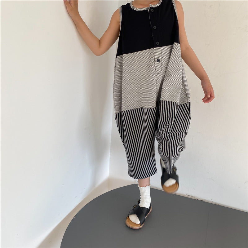 Striped Sleeveless Jumpsuit パッチワーク ノースリーブオールインワン【mh0013635】