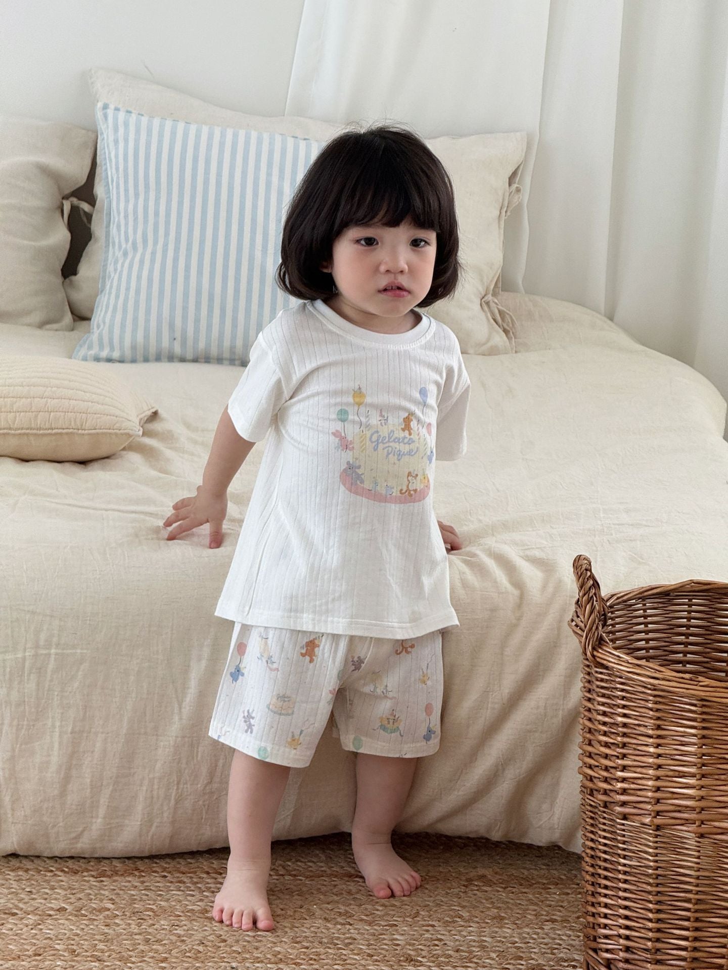 Parent-child Short-sleeved Loungewear ベア 半袖Tシャツ ロングパンツ ショートパンツ【mh0013306】