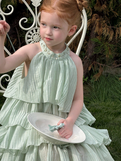 Pleated Ruffle Halter Princess Dress ティアード ノースリーブワンピース【mh0013250】