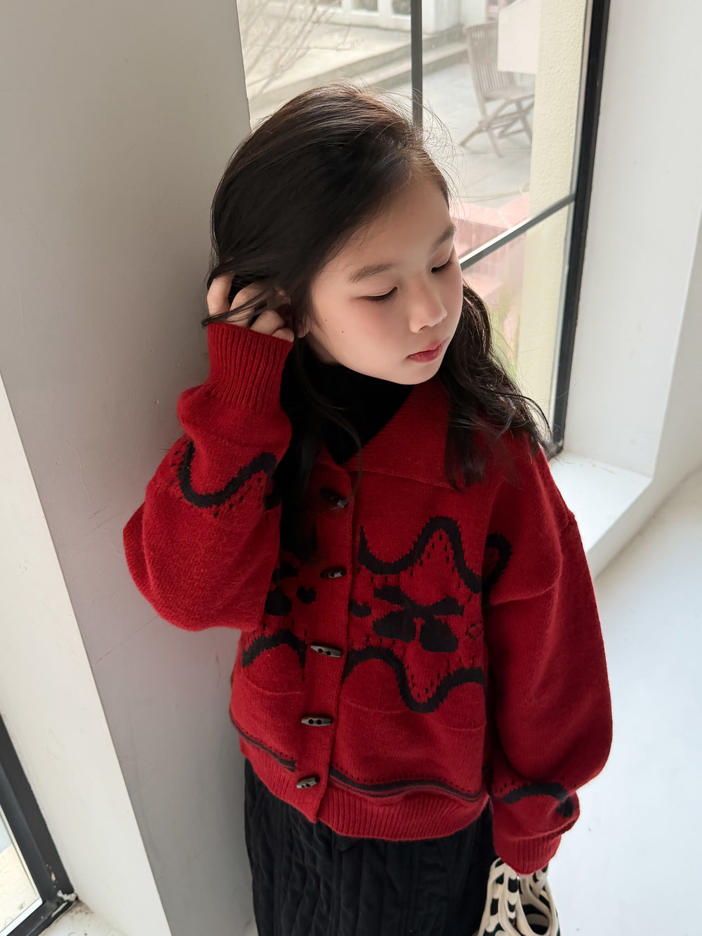 Knit jacket with collar, cherry print, thick cardigan, toggle buttons [mh0011863]