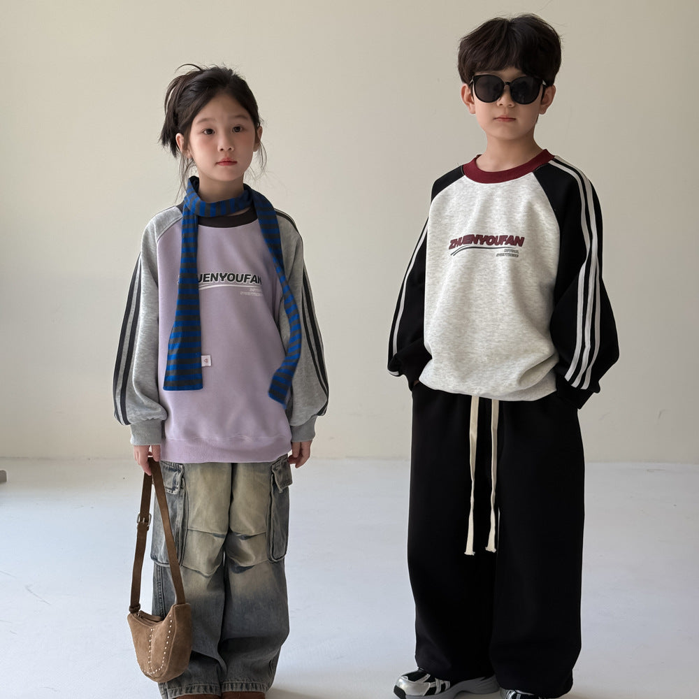 -アメリカンカラーブロック長袖スウェット アルファベットロゴ入りゆったりプルオーバー【mh0010764】 - mamahalo shop - トレーナー・フーディ -  べビー服 - 子供服 - 男の子 - 女の子