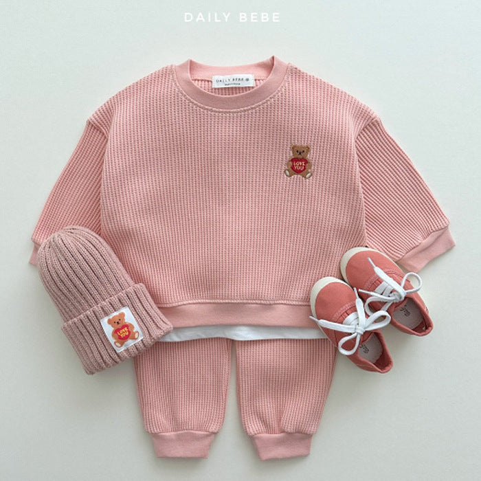 ベビーセットアップ 2点セット ワッフル 長袖Tシャツ ロングパンツ ベアくまワンポイント刺繍【mh0003571】