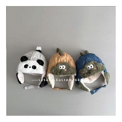 ベビー帽子 パンダ/うさぎ/恐竜アップリケ キルト 耳当て付き フライトハット【mh0011831】