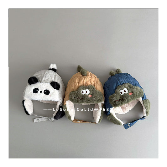 ベビー帽子 パンダ/うさぎ/恐竜アップリケ キルト 耳当て付き フライトハット【mh0011831】