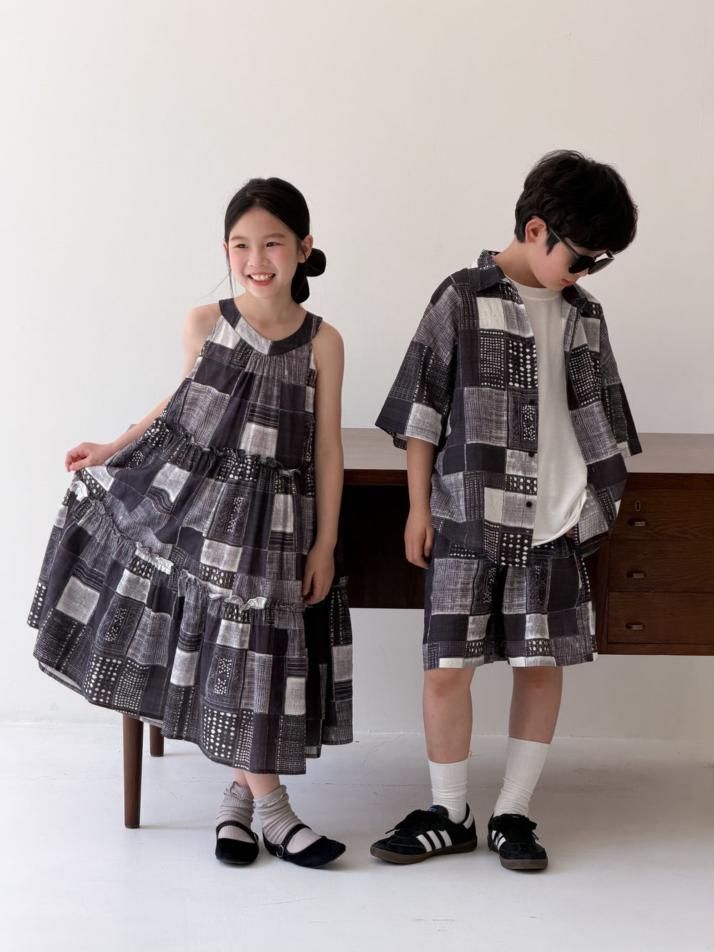 Ethnic Geometric Printed Dress Shirt Shorts Set エスニック ノースリーブワンピース 半袖シャツ ハーフパンツ【mh0013538】