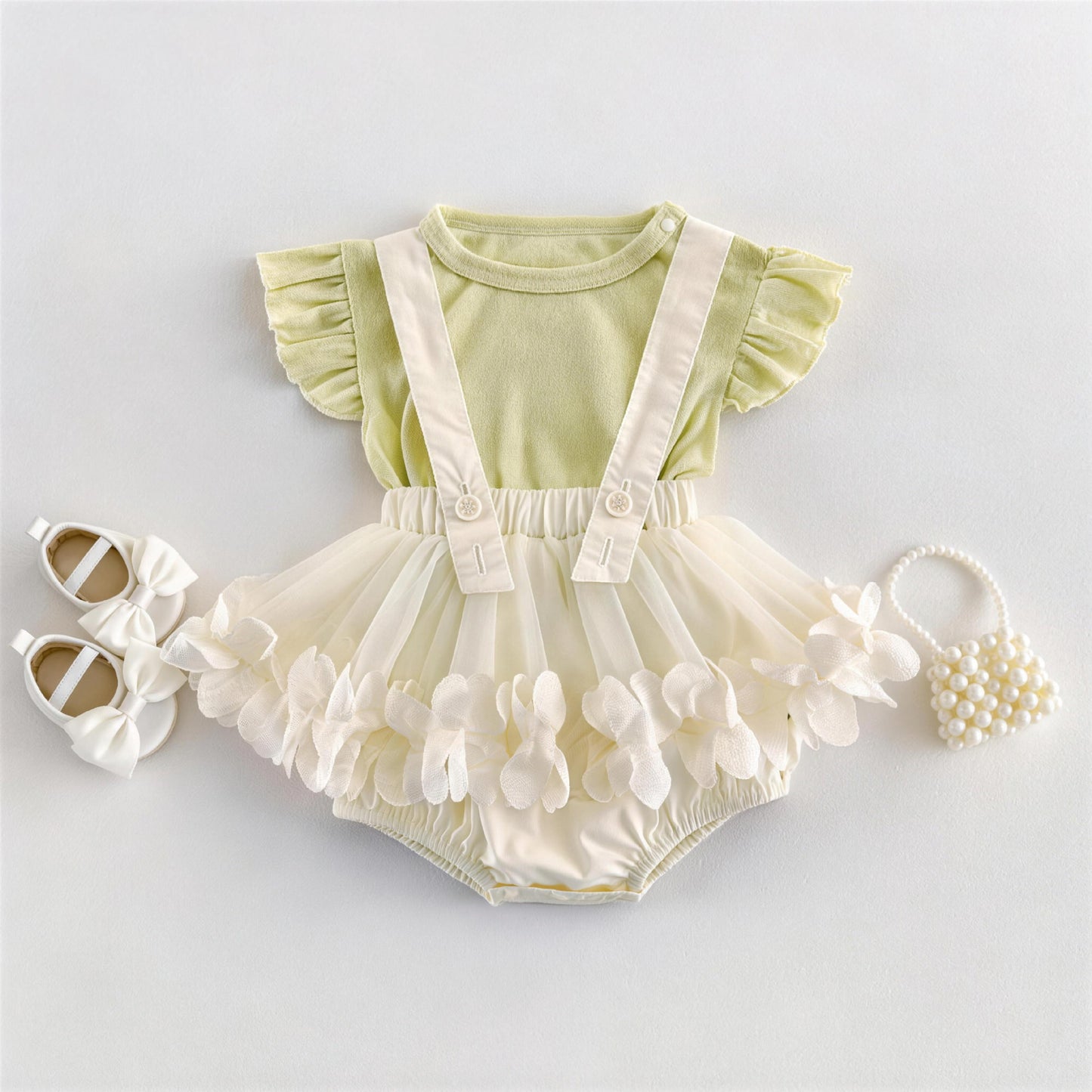 Baby Frill Sleeve Short Sleeve T-Shirt Tulle Suspender Bloomer Romper [mh0013847]