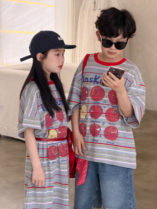 Apple Print Short Sleeve T-Shirt Dress リンゴプリント 半袖Tシャツ 半袖ワンピース【mh0013529】