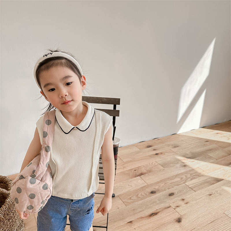 Kids' Ribbed Sleeveless T-shirt with Collar and Round Neck【mh0001795】