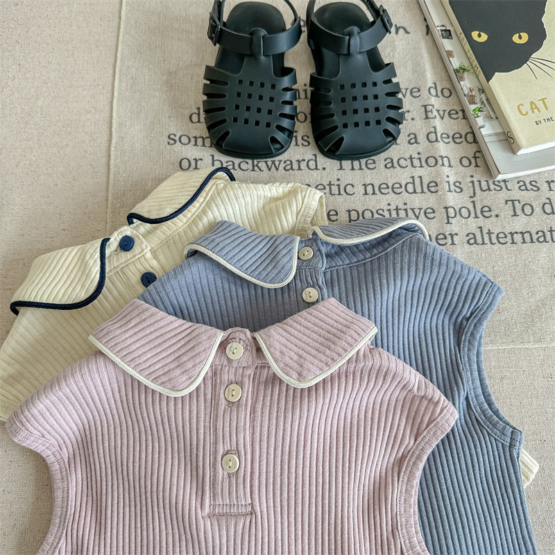 Kids' Ribbed Sleeveless T-shirt with Collar and Round Neck【mh0001795】