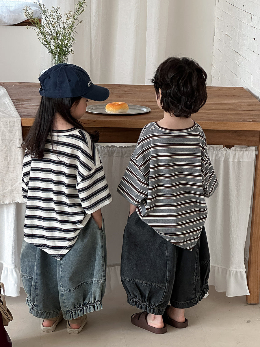 Striped Asymmetrical Hem Cotton Tops ボーダー 半袖Tシャツ【mh0013465】