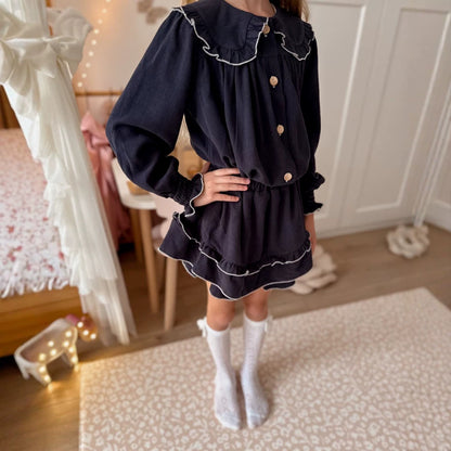 Kids' Piping Mellow Ruffle Long-Sleeve Blouse + Skirt Set【mh0014758】