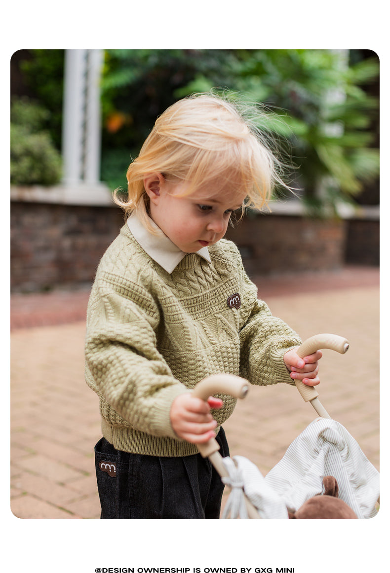 -長袖ニットセーター ケーブル編み リブ編み クルーネック プルオーバー【mh0011305】 - mamahalo shop - ニット・セーター -  べビー服 - 子供服 - 男の子 - 女の子