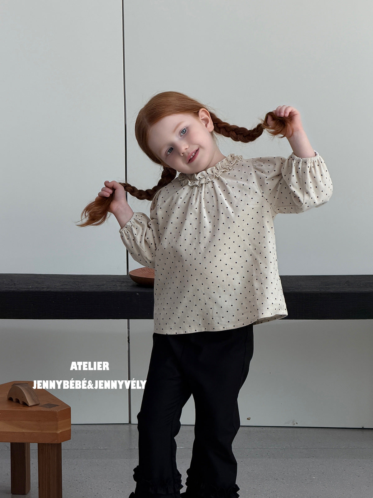 Blusa de manga larga con volantes y estampado de puntos para niñas + pantalón acampanado [mh0014657]