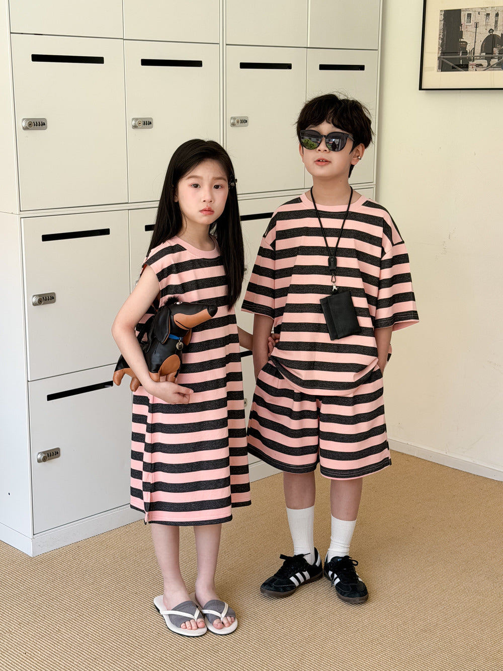 Stripe Loose T-shirt Dress And Shorts Set ボーダー 半袖Tシャツ ハーフパンツ ノースリーブワンピース【mh0013520】