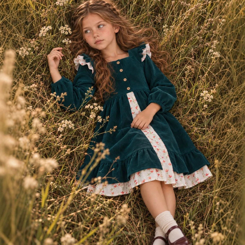 Vestido princesa lolita de pana con flores y bloques de color para niña, primavera/otoño 2027, estilo JK de dos piezas falso【mh0014745】