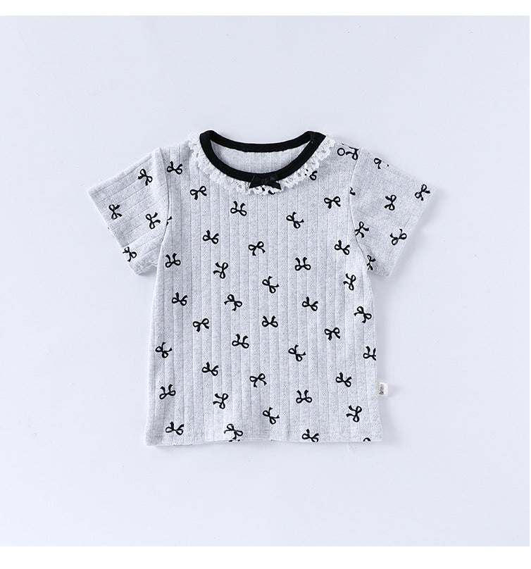 Ribbon Print Ruffle Neck Tee and Bloomer Set リボン 半袖Tシャツ ショートパンツ セット【mh0013599】