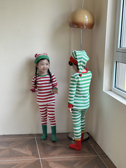 Kids' striped long-sleeve T-shirt, easy-fit long pants, and pom-pom motif cap: 3-piece set【mh0008100】