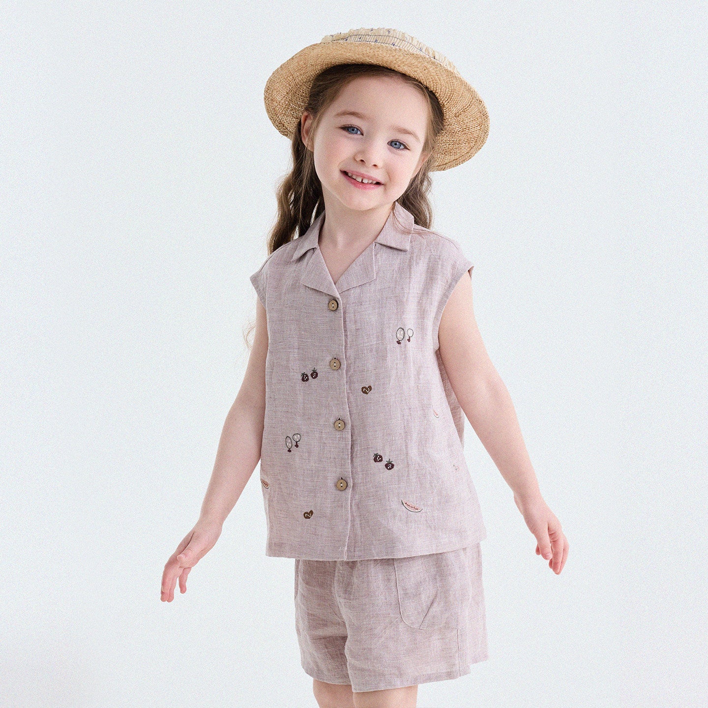 Embroidered Linen Sleeveless Shirt Shorts フルーツ刺繍 ノースリーブシャツ ショートパンツ【mh0013187】