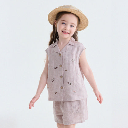 Embroidered Linen Sleeveless Shirt Shorts フルーツ刺繍 ノースリーブシャツ ショートパンツ【mh0013187】