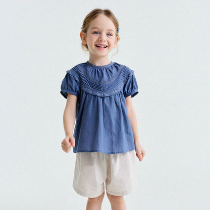 French Lace Puff Sleeve Cotton Shirt レース 半袖ブラウス【mh0013200】