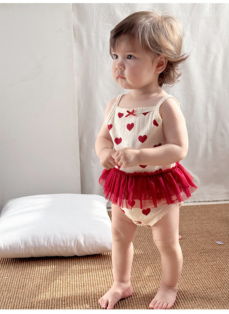 Sleeveless Ruffle Patterned Tulle Dress Romper ハート チュール ノースリーブロンパース【mh0013592】