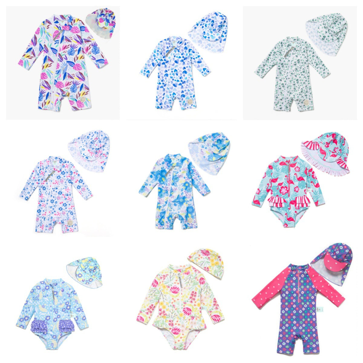Long-sleeve Diagonal Zipper One-piece Beach Sun Protection Surf Suit ボタニカル 長袖水着 帽子セット【mh0013316】