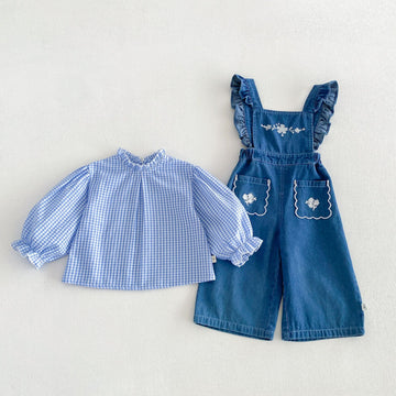 Kids Gingham Check Long-Sleeve Blouse with Floral Embroidery and Overall Pants [mh0014043]