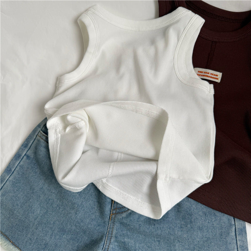 GL-kids Verano coreano Nuevo chaleco simple sin mangas con etiqueta Unisex Color sólido Centro-cosido Camiseta lavada【mh0013645】