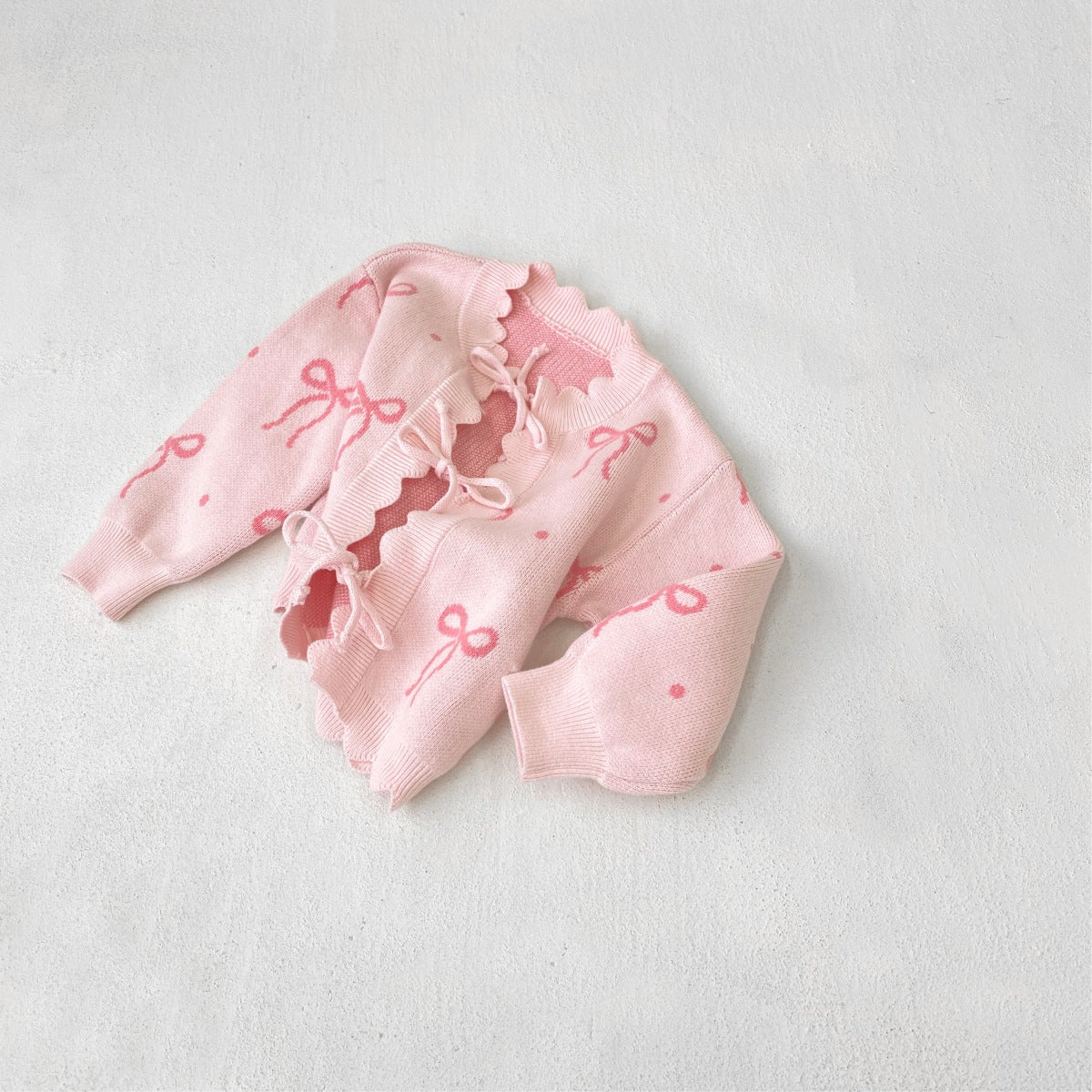 ジャカードニットセットアップ リボン ピンク フリル カーディガン ニットパンツ【mh0011854】