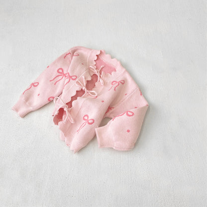 ジャカードニットセットアップ リボン ピンク フリル カーディガン ニットパンツ【mh0011854】