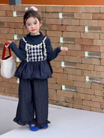 キッズ ジュニア チェック柄 キャミソール ベスト メロウ フリル 長袖Tシャツ ワイド デニムパンツ【mh0014273】