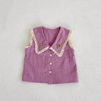 パープルの花刺繍レース襟ノースリーブシャツ、フロントボタン