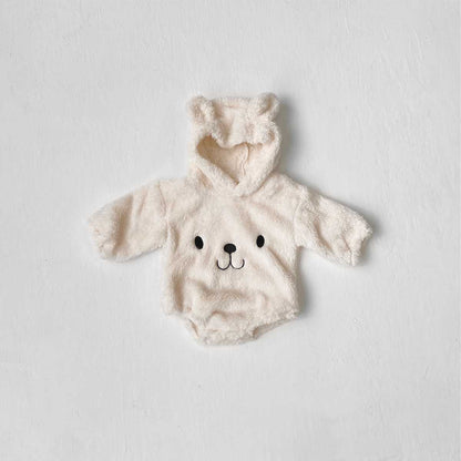 ベビー用くま刺繍 フード付きフリースロンパース（ベージュ系）