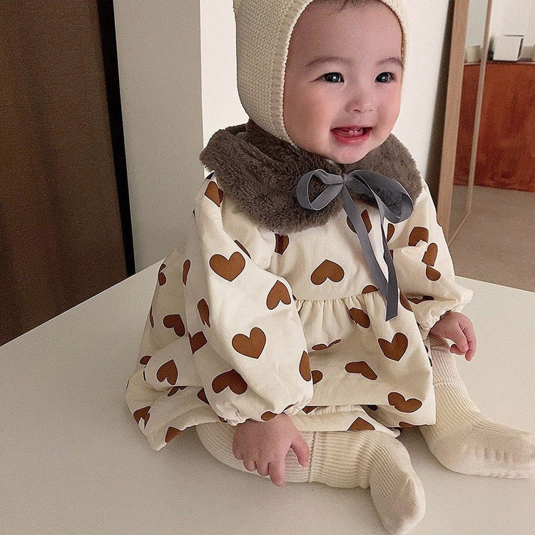 Faux Fur Collar Printed Padded Dress 花柄 ハート柄ワンピース【mh0012634】