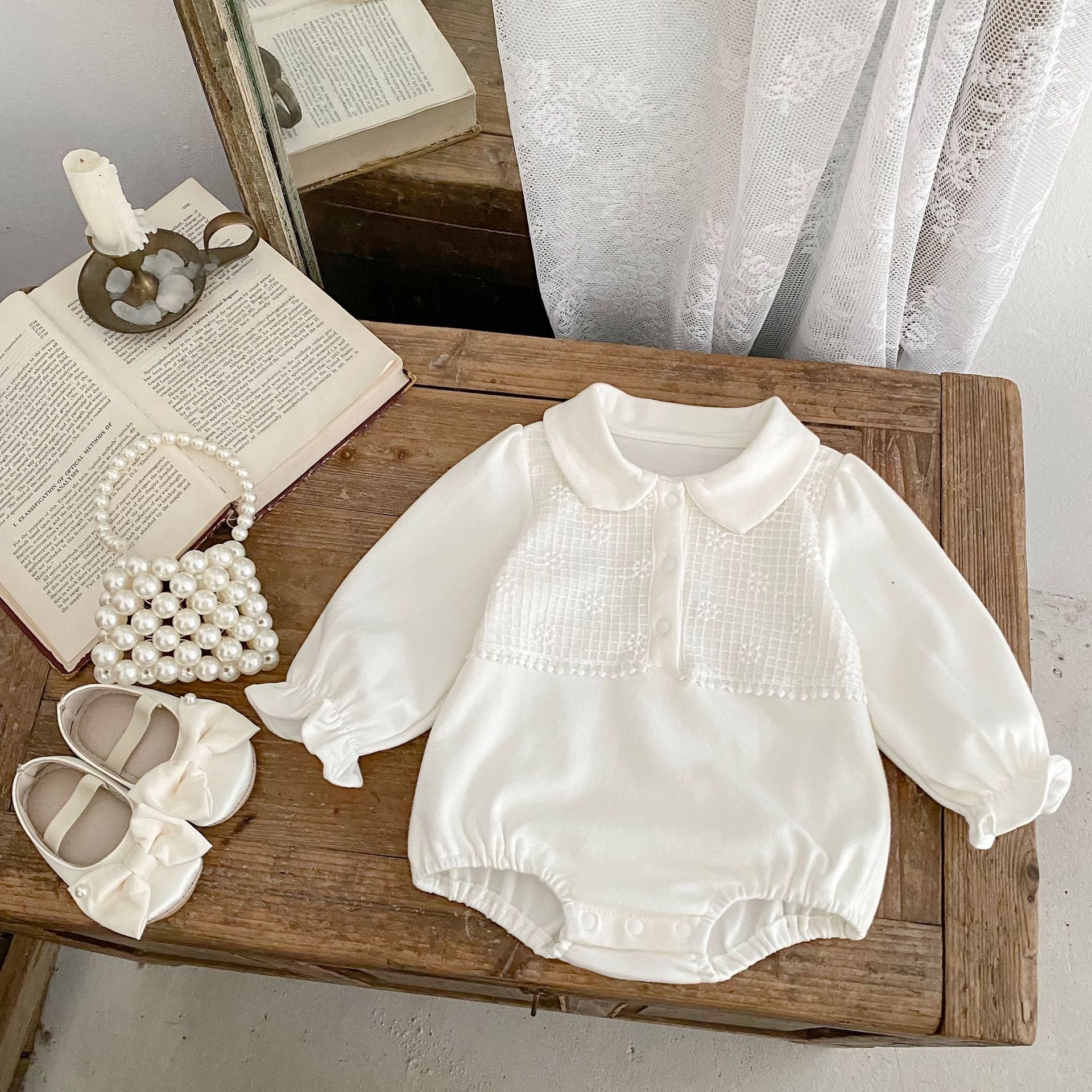 -刺繍切り替え襟付き長袖ロンパース【mh0010851】 - mamahalo shop - 長袖ロンパース -  べビー服 - 子供服 - 男の子 - 女の子