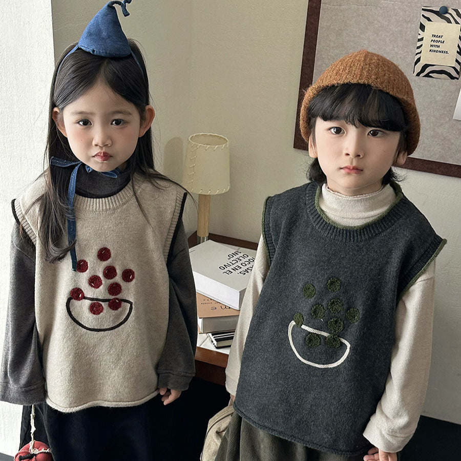 キッズ 刺繍モチーフ ルーズ ニットベスト【mh0014287】