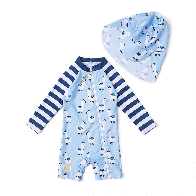 One-Piece Surf Wear With Matching Cap プリント 長袖水着 帽子セット【mh0013315】