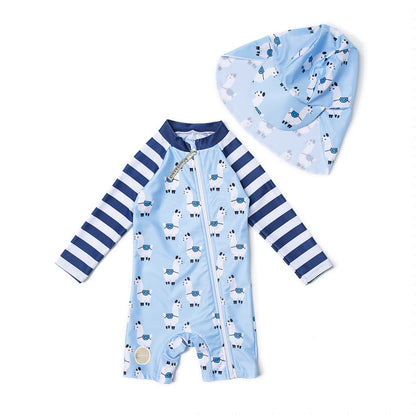 One-Piece Surf Wear With Matching Cap プリント 長袖水着 帽子セット【mh0013315】